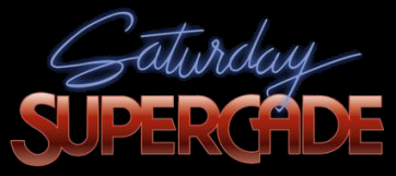 The logo for Saturday Supercade. Saturday is written in purpl letters and Supercade is written in a white to red gradient.